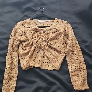 SHEIN Tan V-Neck Sweater with Knotted Detail